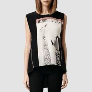 All Saints Silk Multicolored Boxy Graphic Muscle Tee